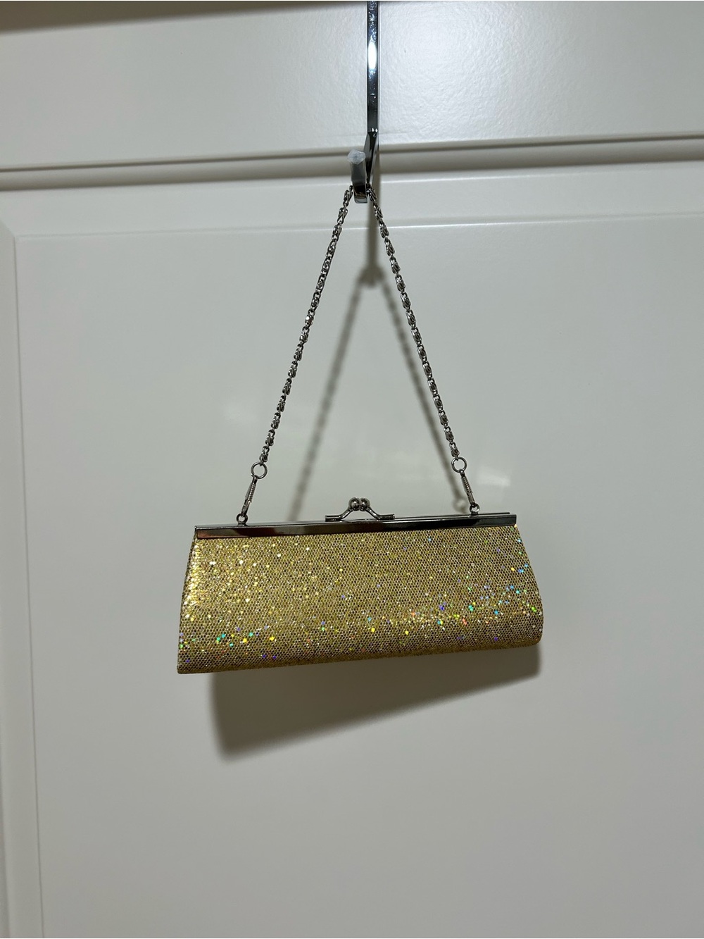 Gold Glitter Evening Clutch with Chain Strap. Like New. Ready for the party